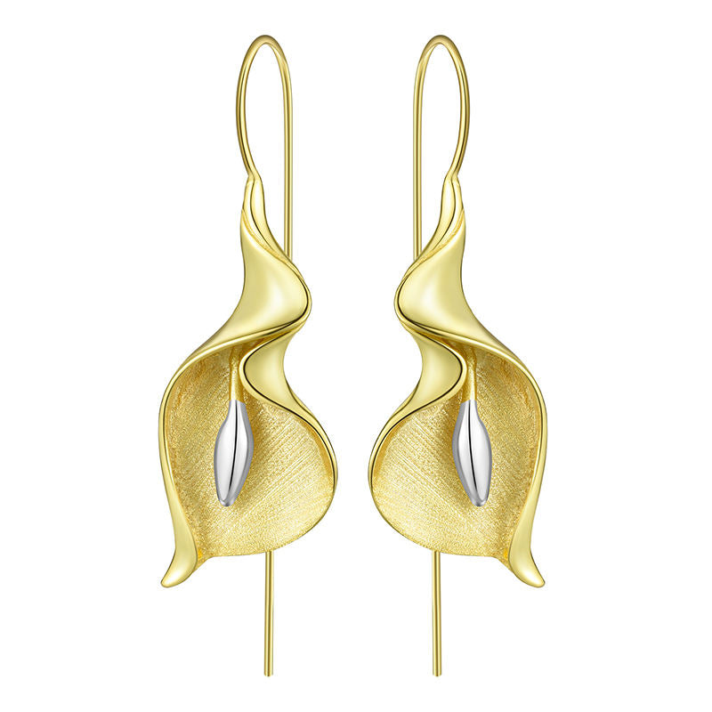 Handmade Artisan 925 Sterling Silver Calla Lily Drop Earrings – 18K Gold Plated (Gold) or Original Silver Finish (White)